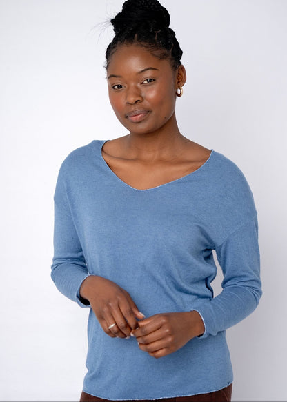 Silver Lining V-Neck Winter Weight Knit Jumper in Denim Blue