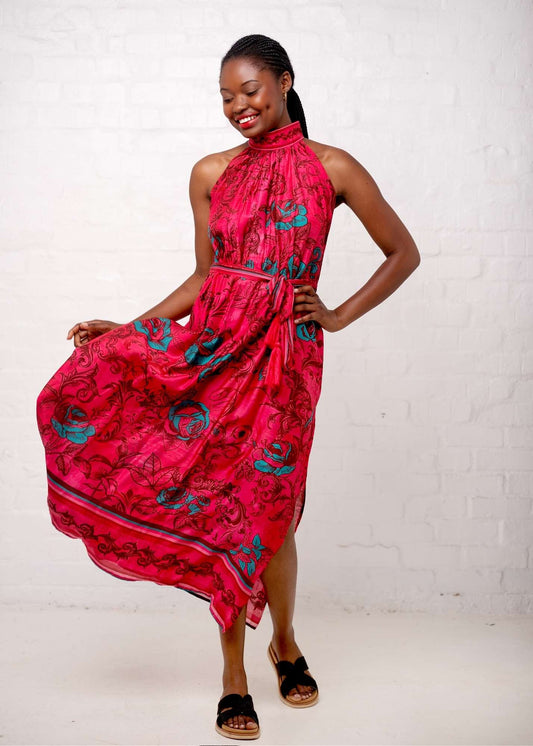 Brooke Dress in Pink with Turquoise Roses