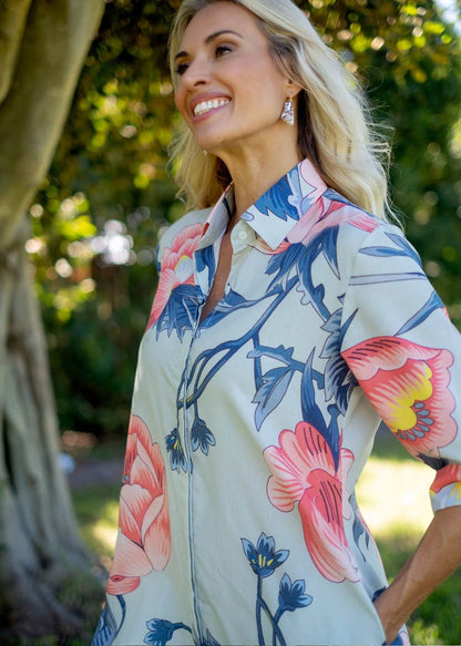 Betty Button dress in Blue with Pink Flower (A-Line) - Knee Length ***PRE-ORDER*** AVAILABLE 31 OCTOBER 2025