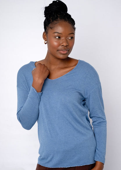 Silver Lining V-Neck Winter Weight Knit Jumper in Denim Blue