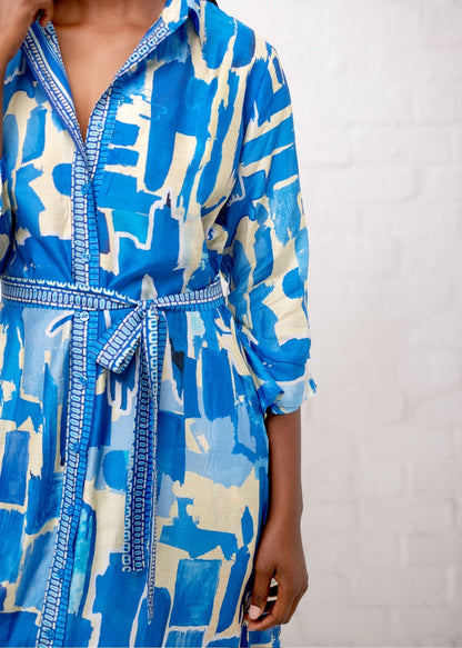 Leila Dress in Blue and White Paint Brush Strokes