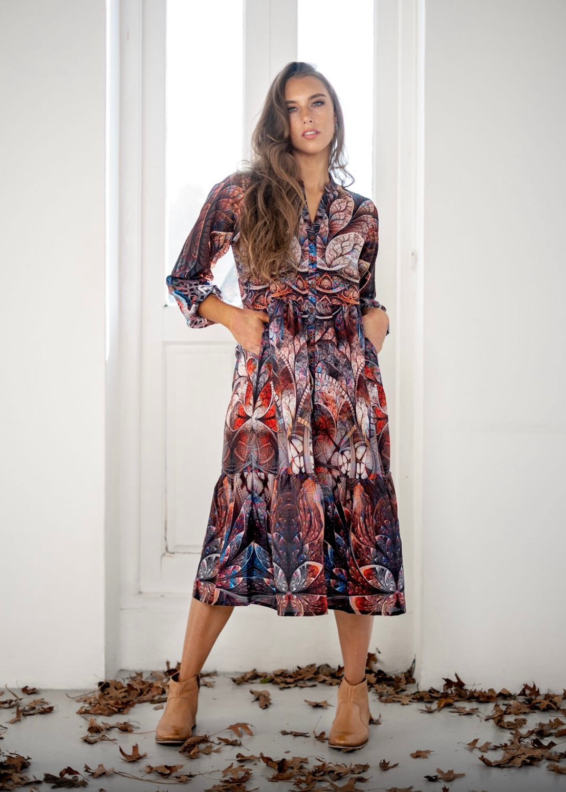 Sophie dress in Rust & biscuit leaves