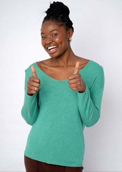 Silver Lining V-Neck Winter Weight Knit Jumper in Jade
