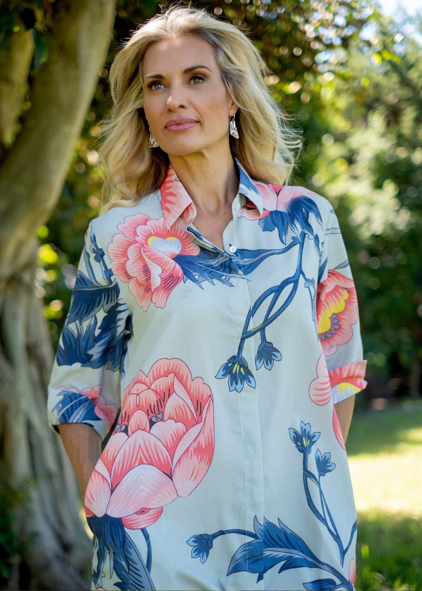 Betty Button dress in Blue with Pink Flower (A-Line) - Knee Length ***PRE-ORDER*** AVAILABLE 31 OCTOBER 2025