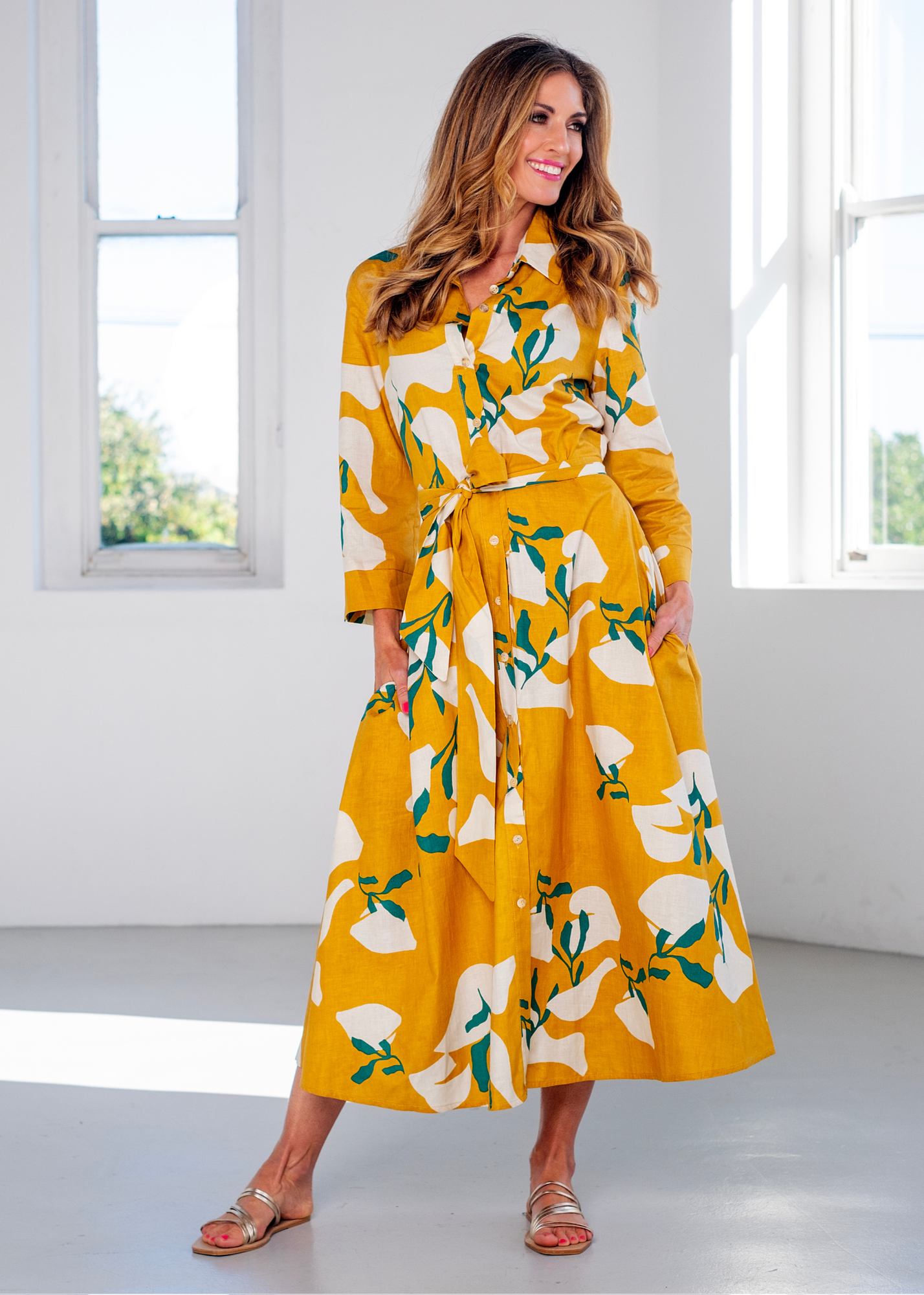 J-LO Dress, Mustard with Green Leaves