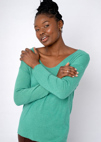 Silver Lining V-Neck Winter Weight Knit Jumper in Jade