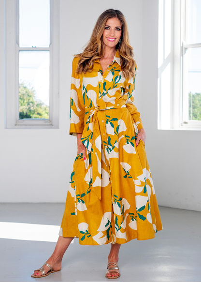 J-LO Dress, Mustard with Green Leaves