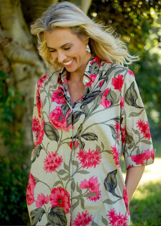 Betty Button dress in Olive and Pink Flowers (Slim Fit)