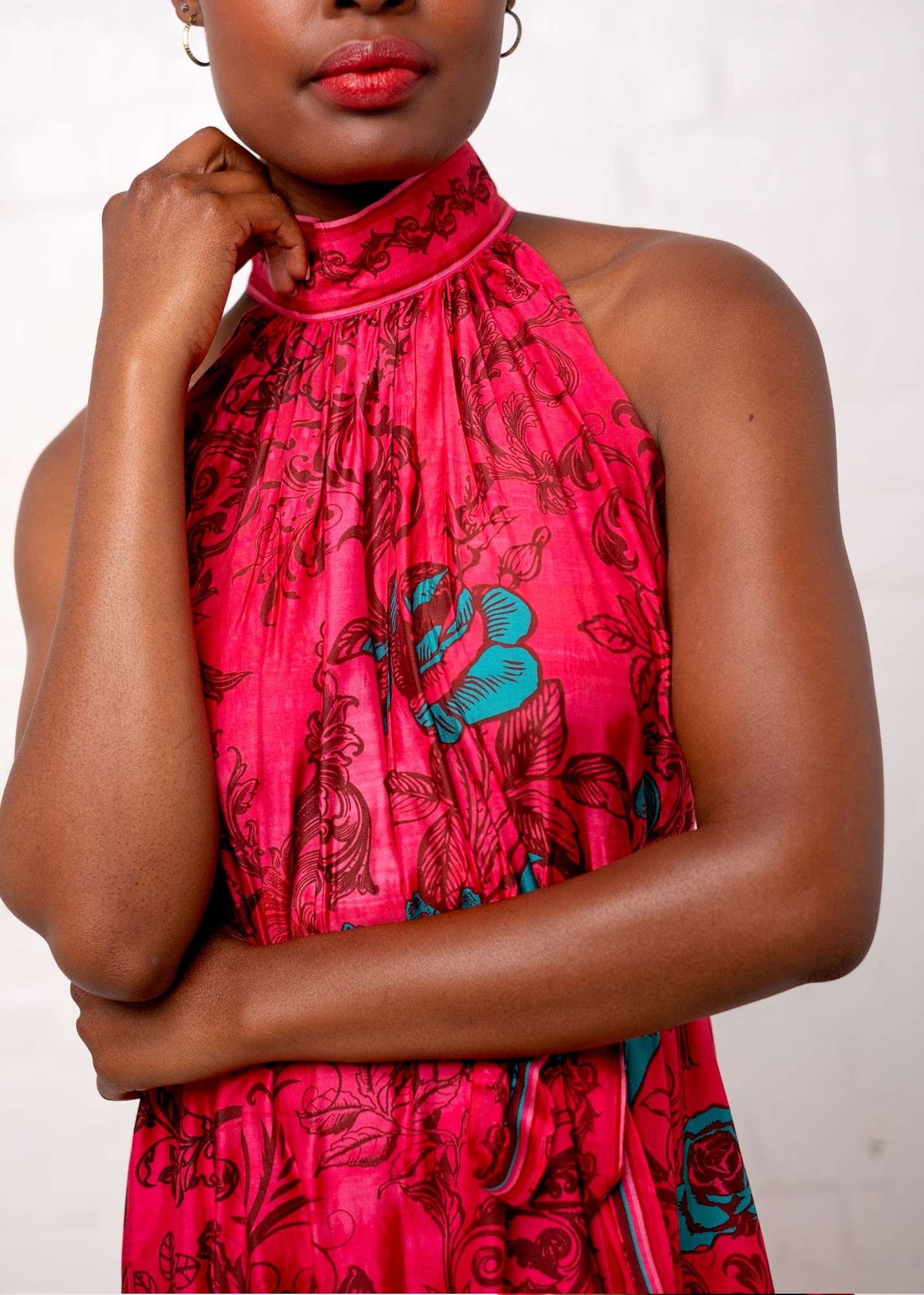 Brooke Dress in Pink with Turquoise Roses