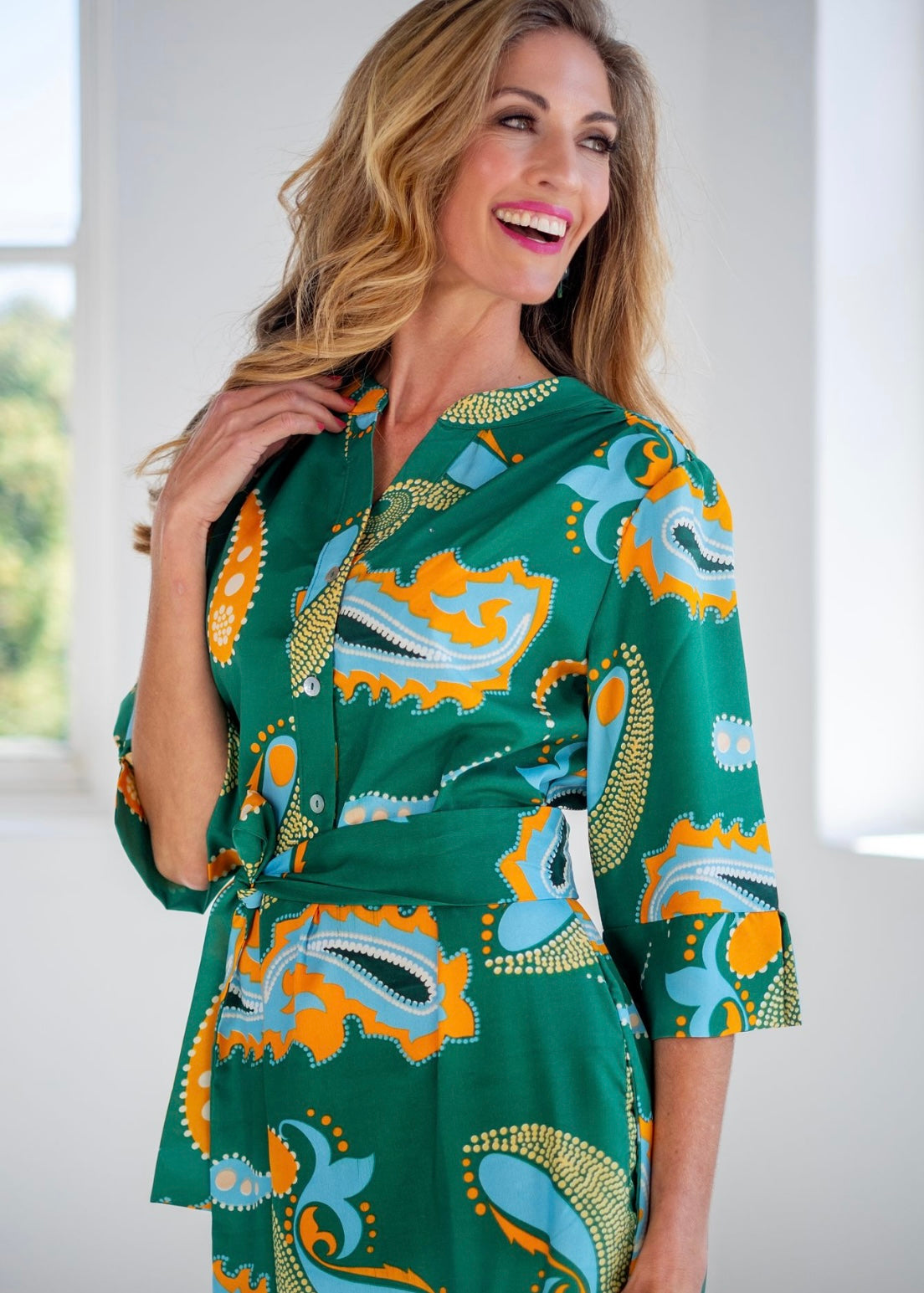 Fergie Cuffed Sleeve  Dress,  Green Bold Paisley