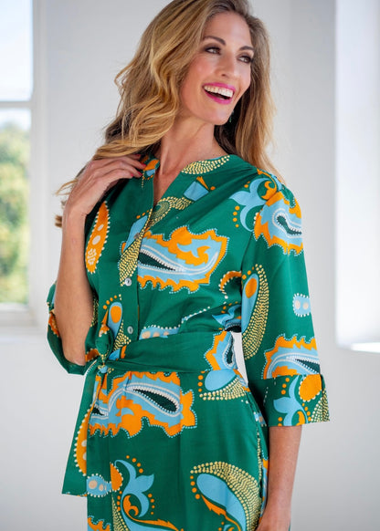 Fergie Cuffed Sleeve  Dress,  Green Bold Paisley