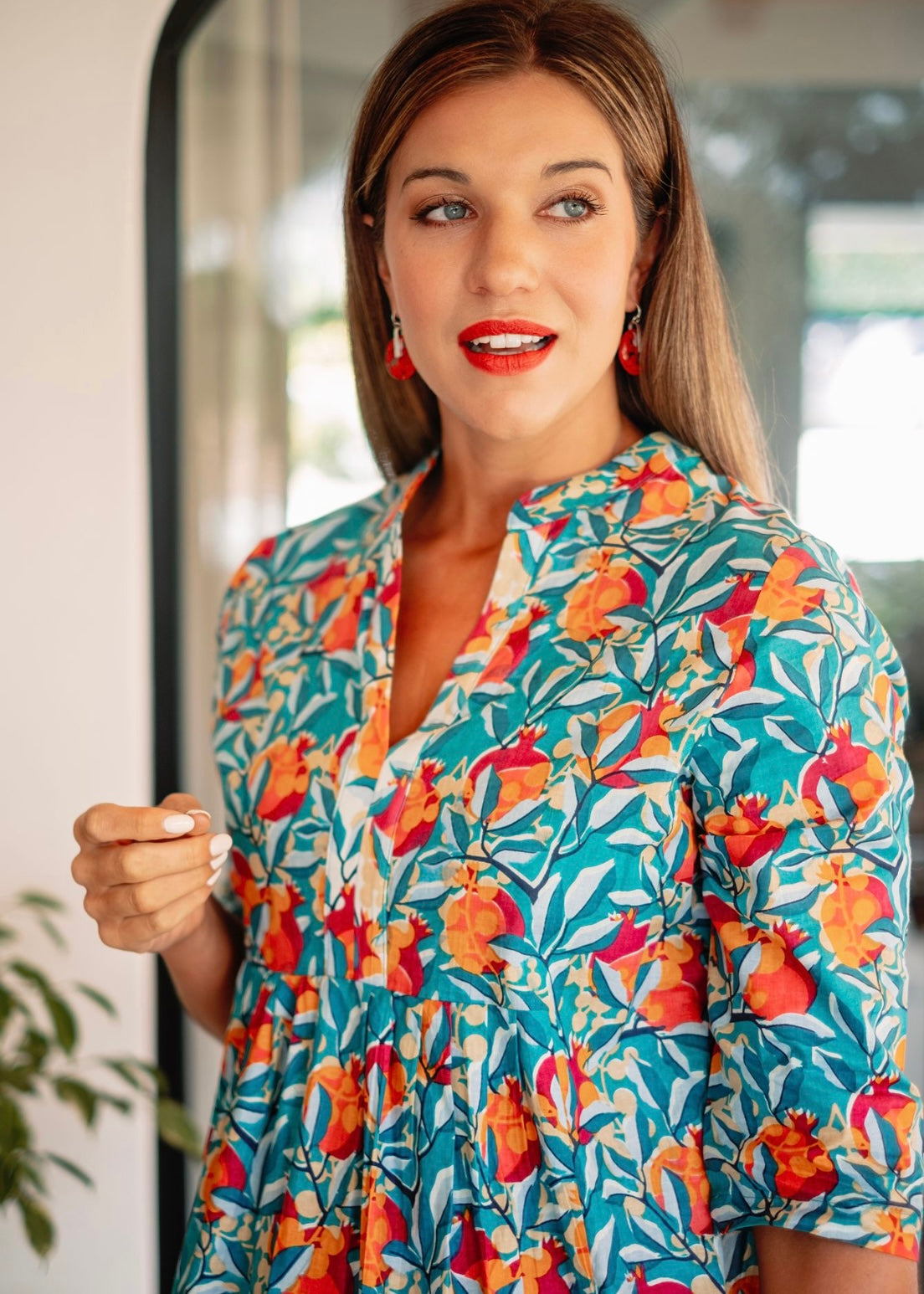 Lee-Ann pleated dress short, Turquoise Pomegranate