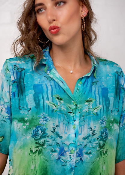 Molly Button down blouse in Green and Turquoise