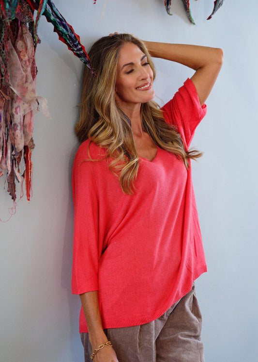 Slouchy Susan Knitted 3/4 Sleeve Top in Coral