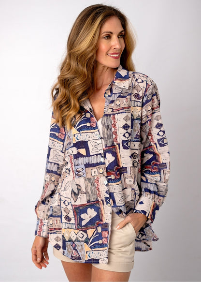 Classic Button Down Blouse in Blue Botanical