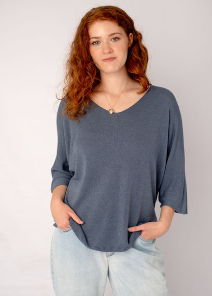 Slouchy Susan Knitted 3/4 Sleeve Top in Blue Grey