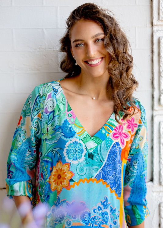 Gloria Dress with Tucked Sleeve Detail in Busy Botanical