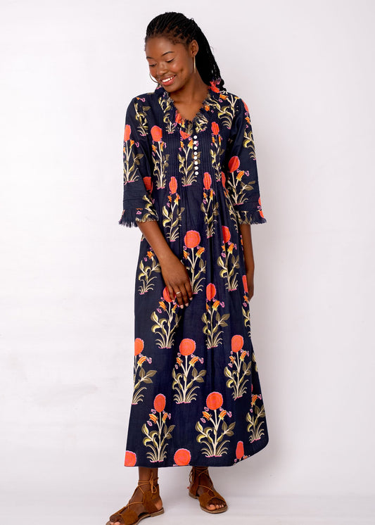 Sarah Dress with Frill in Blue with Coral Floral