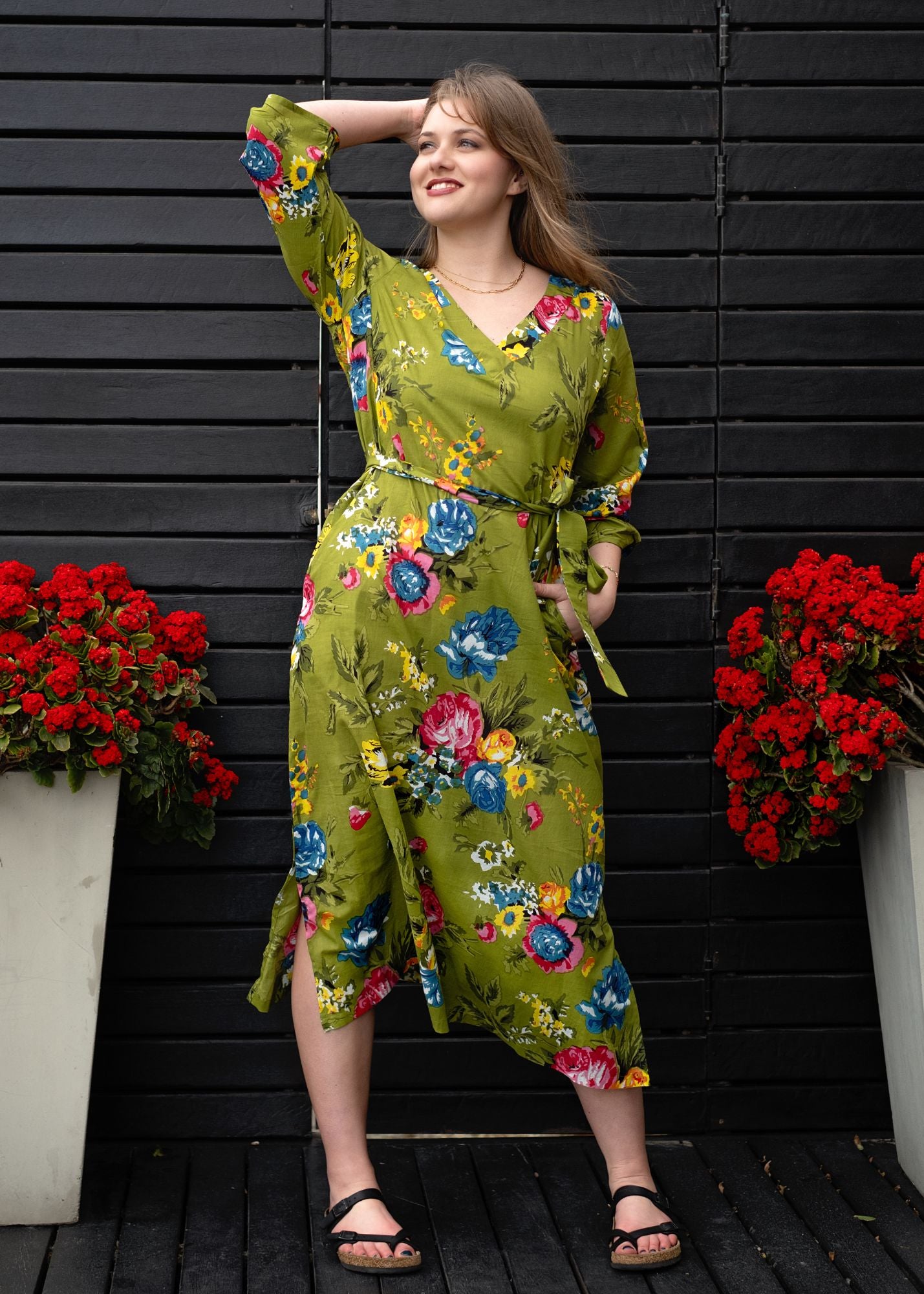 Gloria Dress with Tucked Sleeve Detail in Green Garden