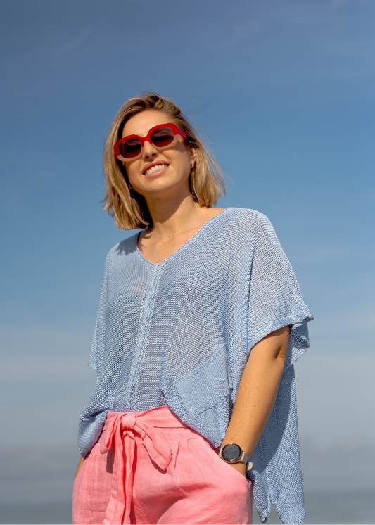 Riviera Summer Knit Top with Pockets in Blue