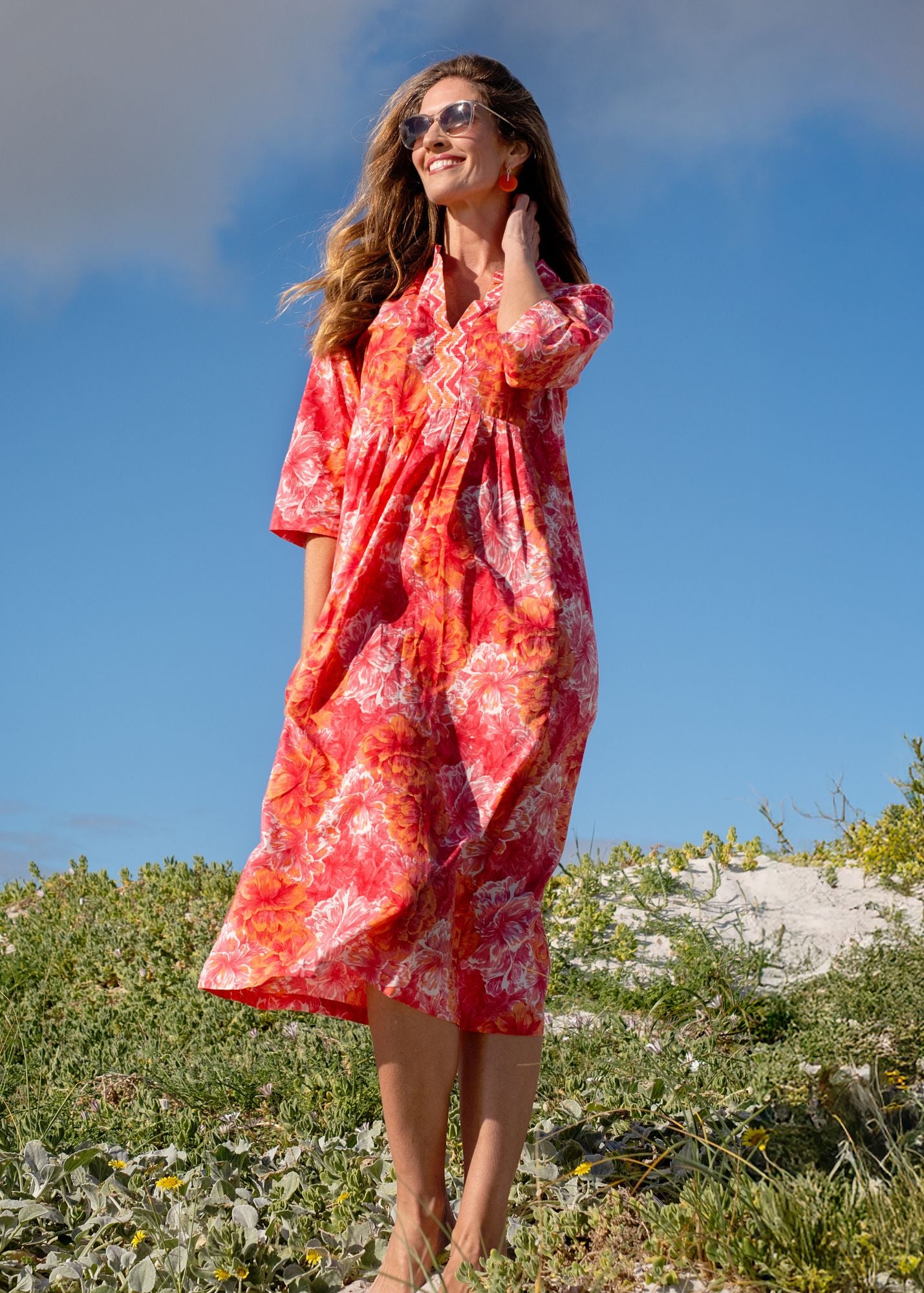 Lee-Ann pleated dress Long,  Tangerine Hibiscus