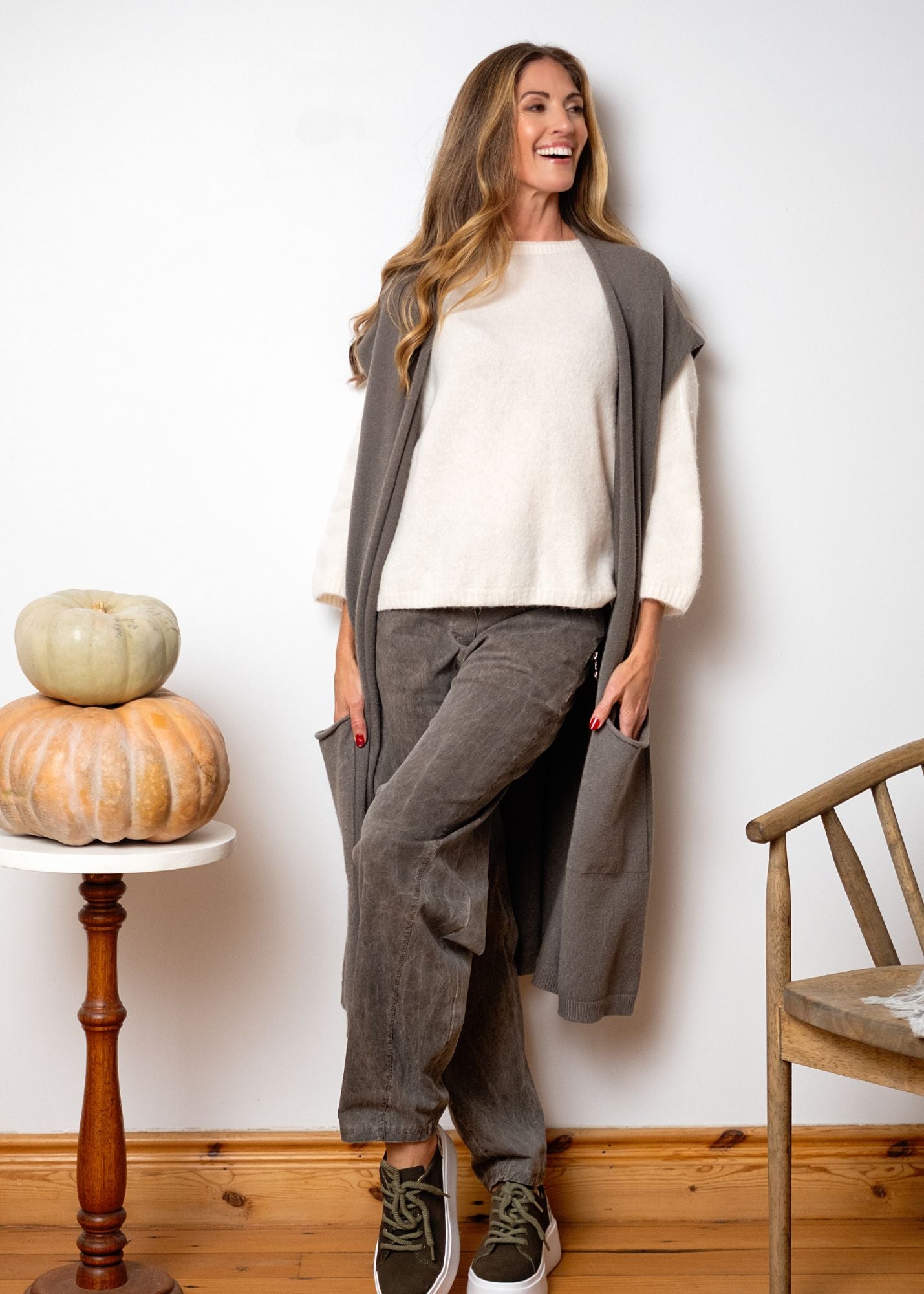 Urban Cozi Knit Sleeveless Long Cardigan Jacket in Taupe
