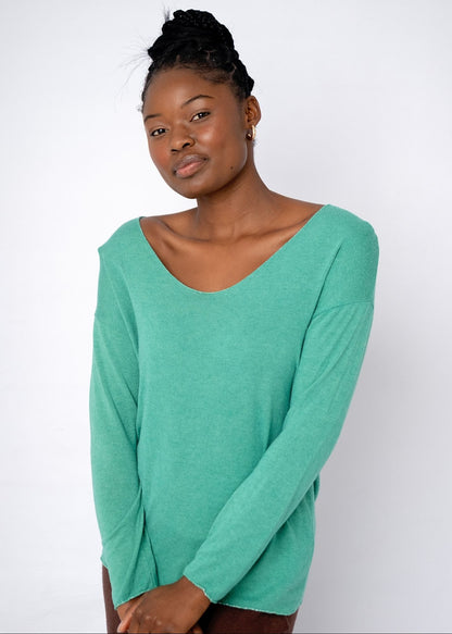 Silver Lining V-Neck Winter Weight Knit Jumper in Jade