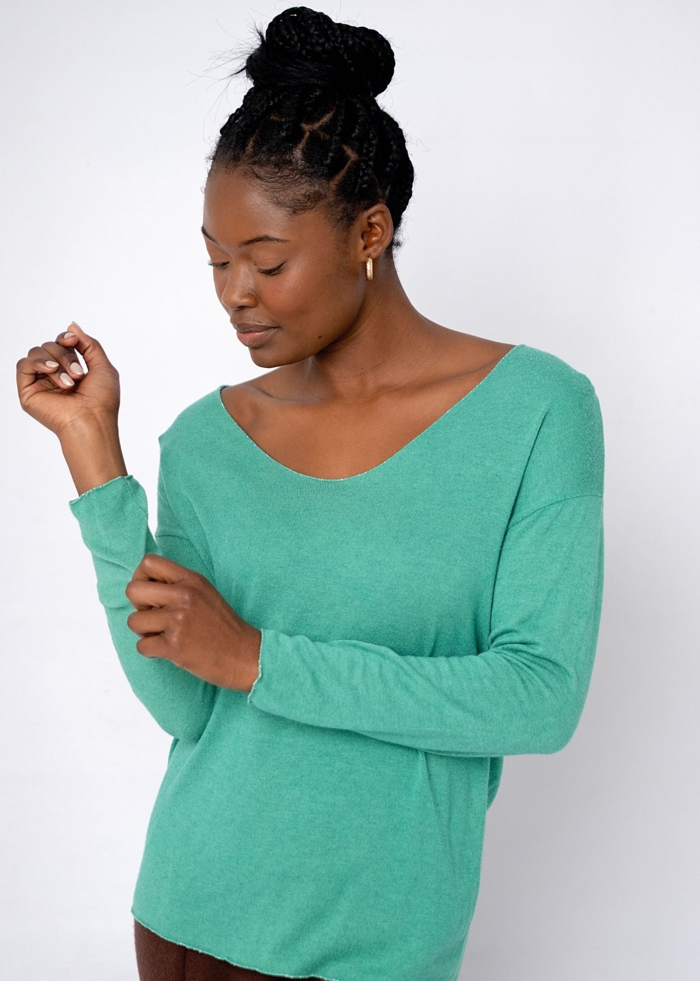 Silver Lining V-Neck Winter Weight Knit Jumper in Jade