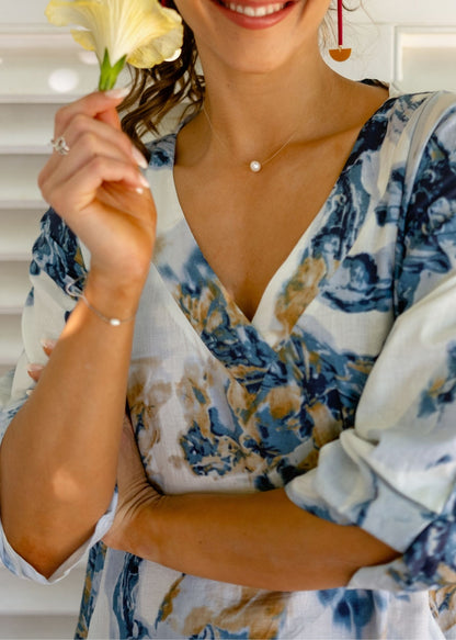 Gloria Dress with Tucked Sleeve Detail in Blue and Gold Marble