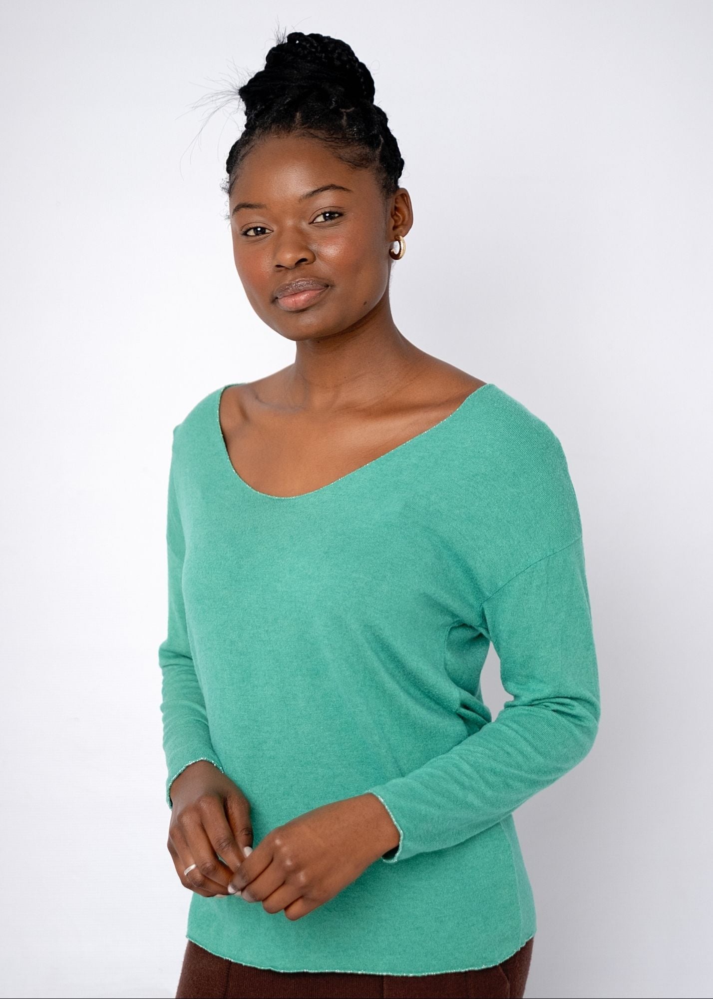 Silver Lining V-Neck Winter Weight Knit Jumper in Jade