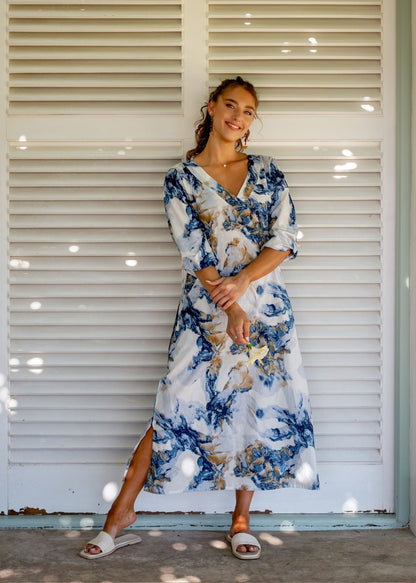 Gloria Dress with Tucked Sleeve Detail in Blue and Gold Marble