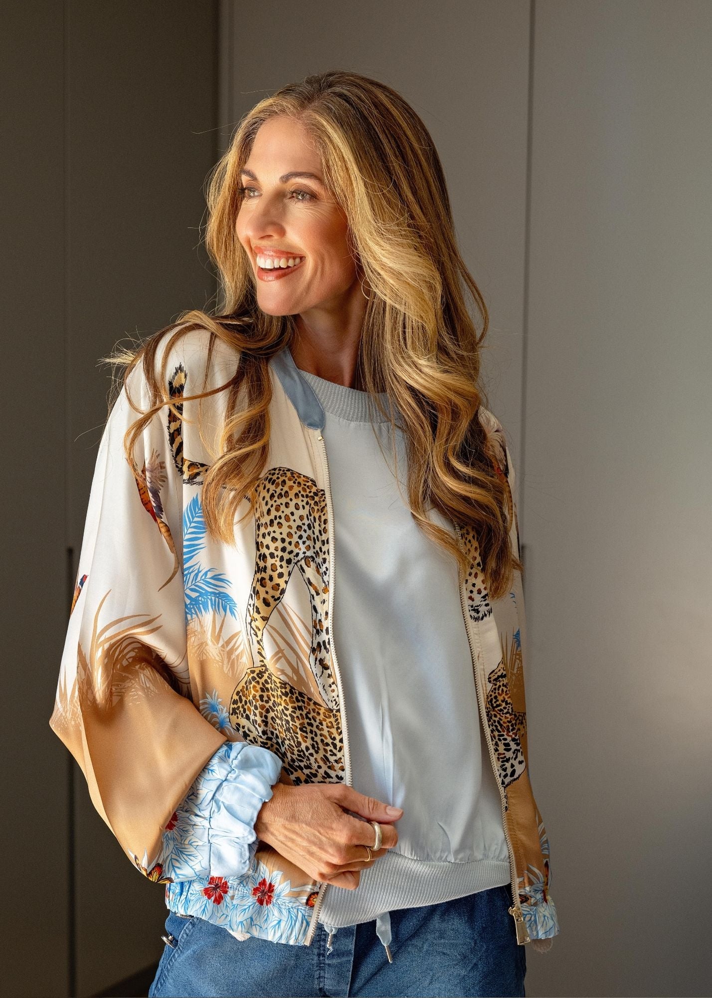 Lila  Bomber Jacket in Viscose Silk Blend in Light Blue Paradise Road