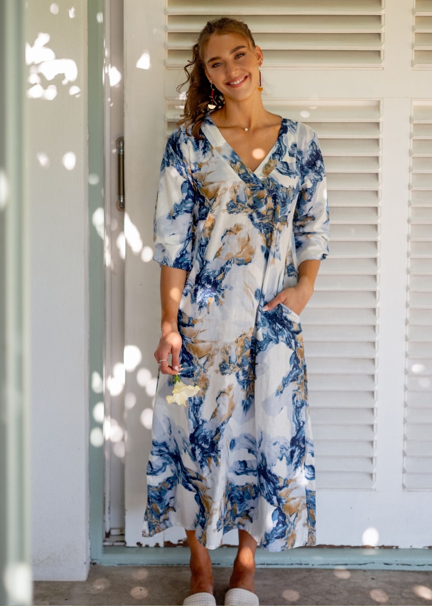 Gloria Dress with Tucked Sleeve Detail in Blue and Gold Marble