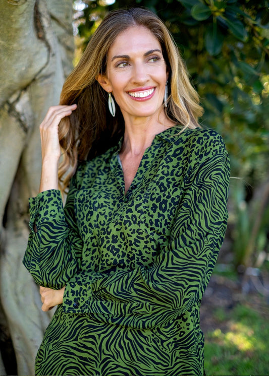 Sonca Dress in Green Animal