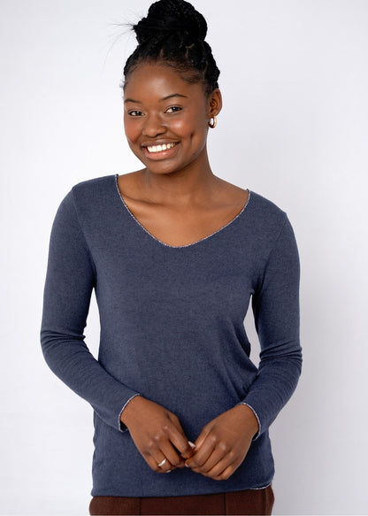 Silver Lining V-Neck Winter Weight Knit Jumper in Dark Blue