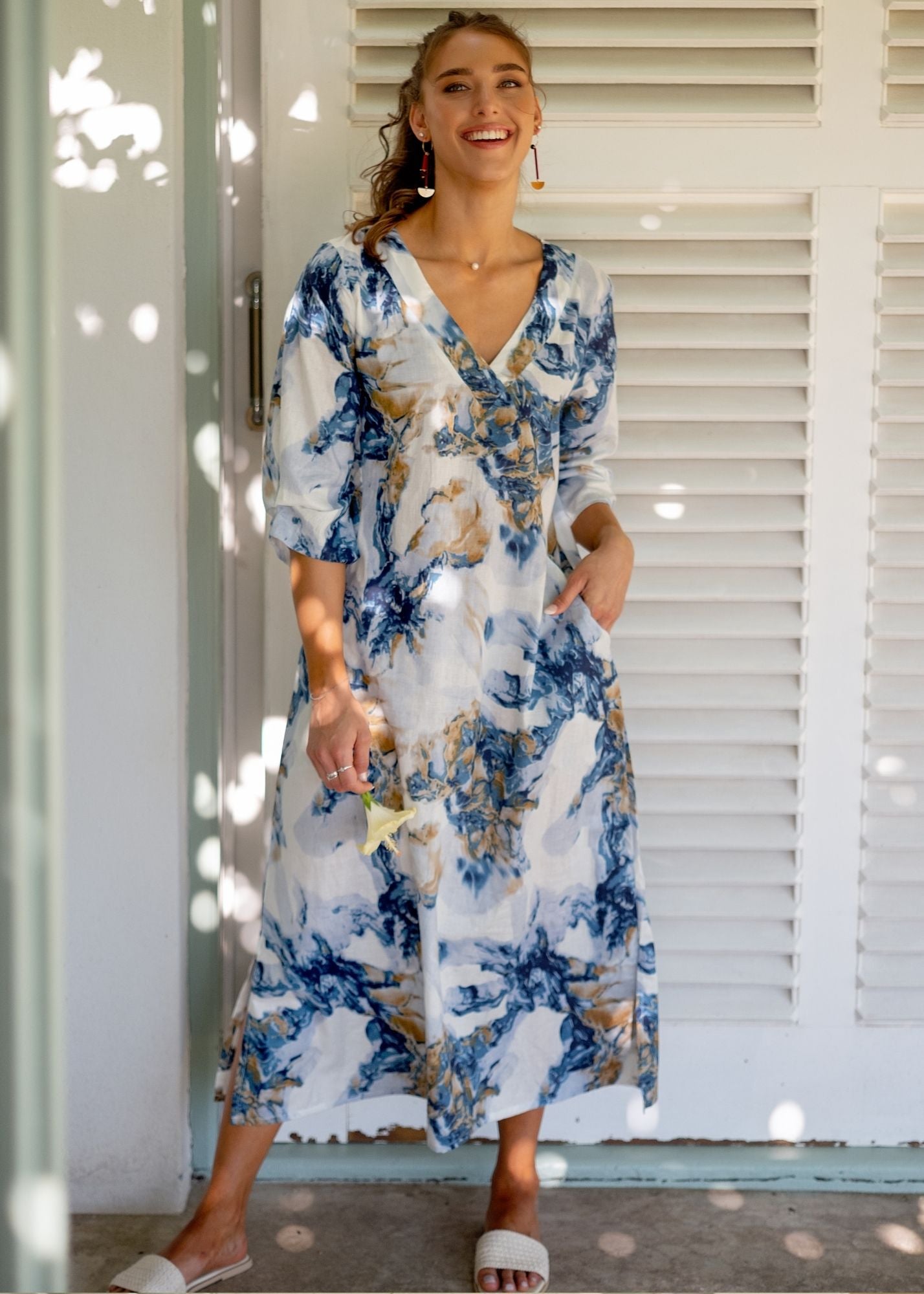 Gloria Dress with Tucked Sleeve Detail in Blue and Gold Marble