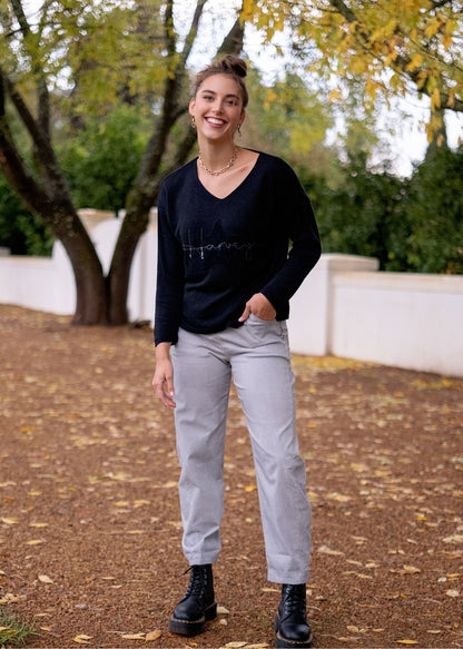 Honey Star Embellished V-Neck Knitted Top – Midnight Black