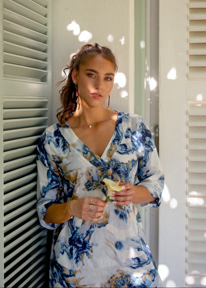 Gloria Dress with Tucked Sleeve Detail in Blue and Gold Marble