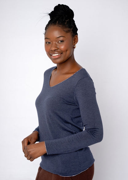 Silver Lining V-Neck Winter Weight Knit Jumper in Dark Blue