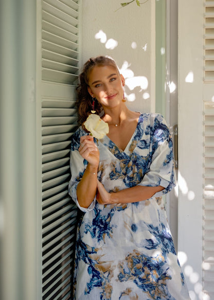 Gloria Dress with Tucked Sleeve Detail in Blue and Gold Marble