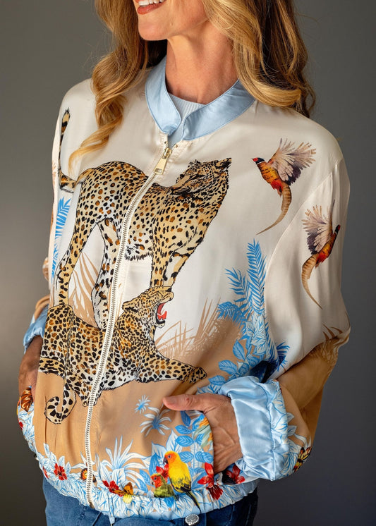 Lila  Bomber Jacket in Viscose Silk Blend in Light Blue Paradise Road