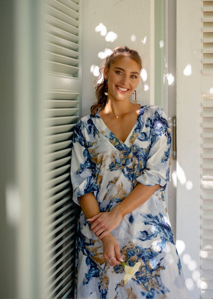 Gloria Dress with Tucked Sleeve Detail in Blue and Gold Marble