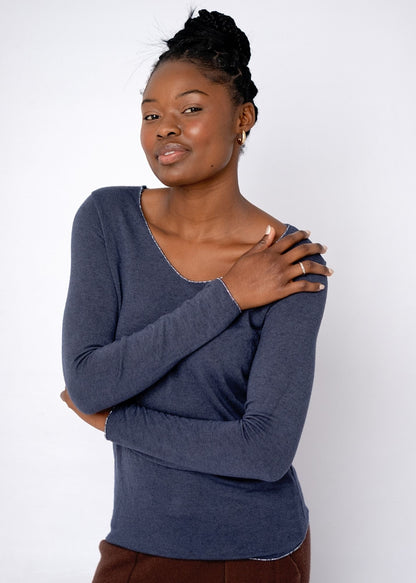 Silver Lining V-Neck Winter Weight Knit Jumper in Dark Blue
