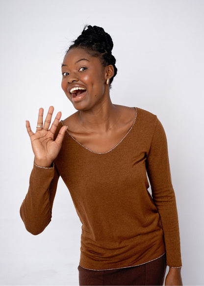 Silver Lining V-Neck Winter Weight Knit Jumper in Rusty Brown