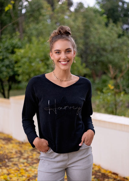Honey Star Embellished V-Neck Knitted Top – Midnight Black