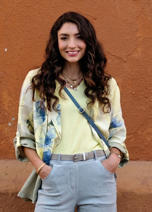 Lino 100% Linen Button Jacket in Heirloom Bloom Buttercup