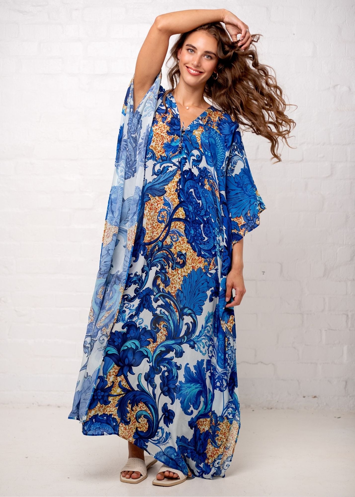 Victoria Kaftan in Blue Fleur de Lys (Long)