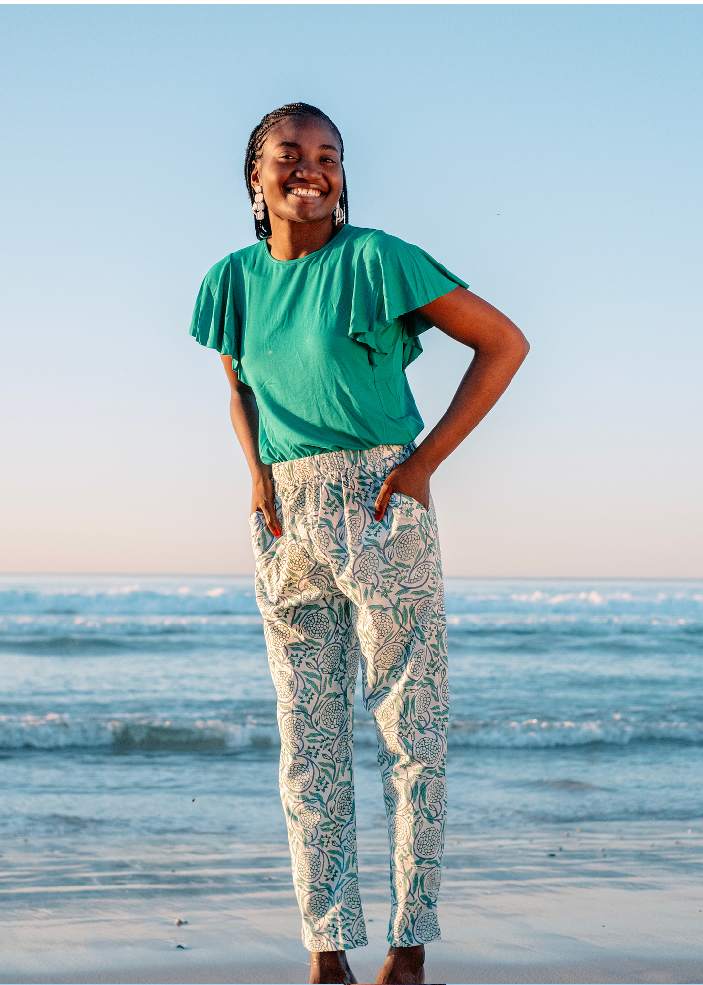 Patch Pocket Pants, Jade & white foliage
