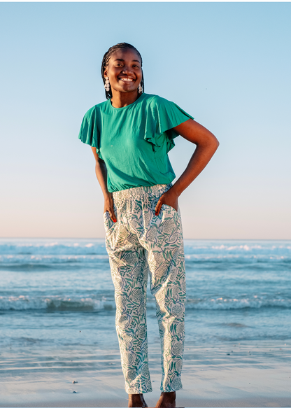 Patch Pocket Pants, Jade & white foliage