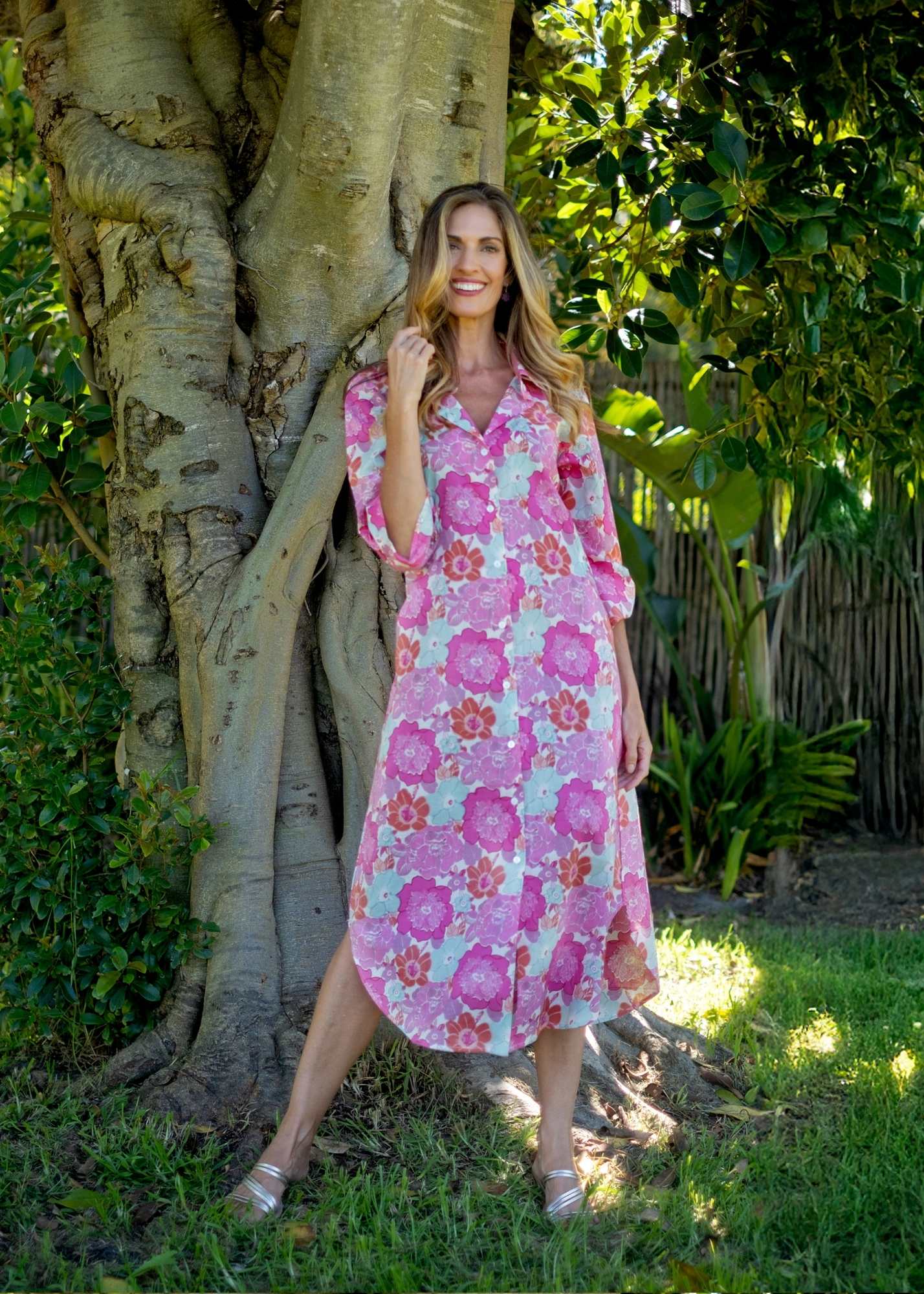 Laura Shirt Dress in Pink & Blue Flowers